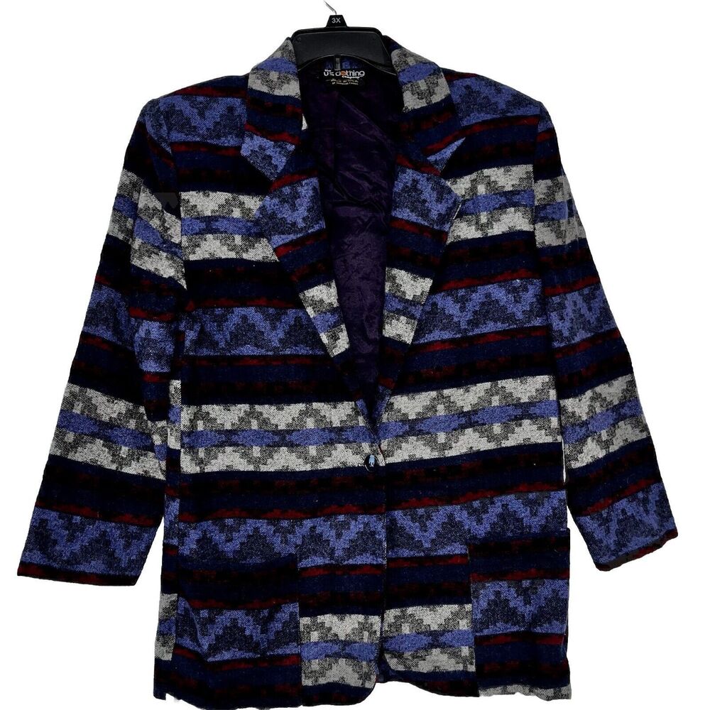 Vintage US Clothing Southwestern Blazer Womens Large Multicolor Aztec Wool Blend